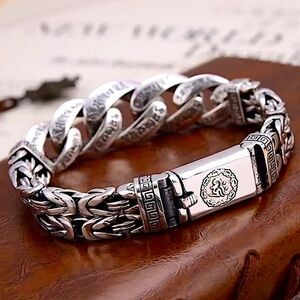 Stainless Steel Chain Link Bracelet, Mantra, Curb Hand Woven Engraved Byzantine